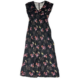 Madewell Wide V Neck Midi Dress Size 6 Black Pink Floral Cap Sleeve Romantic